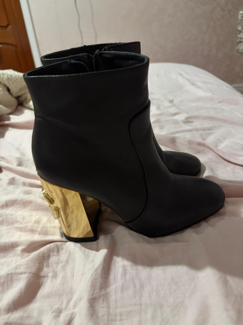 Dolce & Gabbana Black Ankle Boots with Gold Sculpted Block Heel